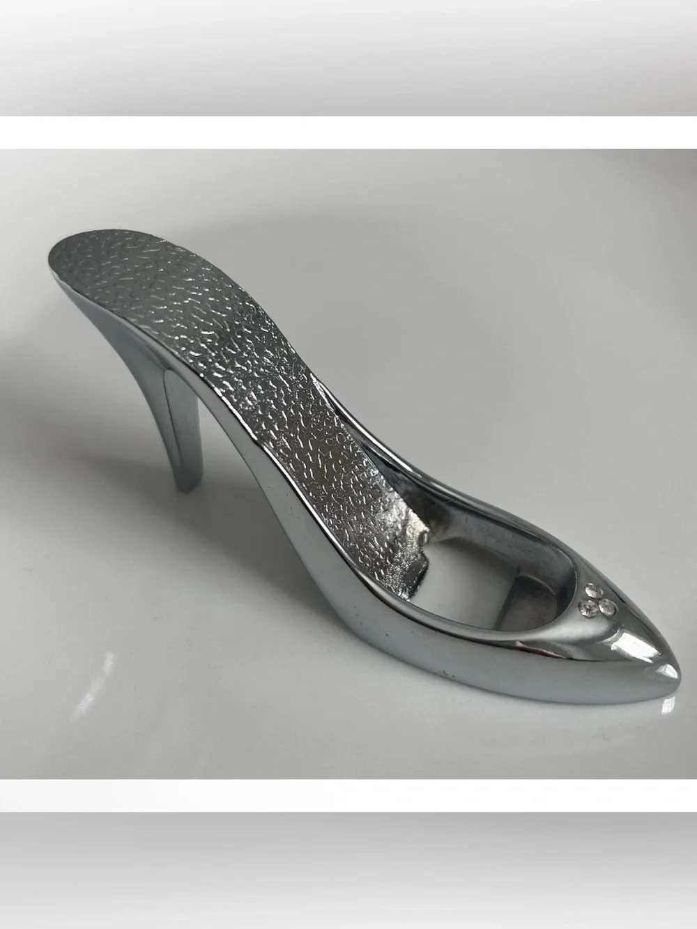 VNTG Silver Tone High Heel Shoe Bottle Opener Rhinestone Accents Cinderella Gift